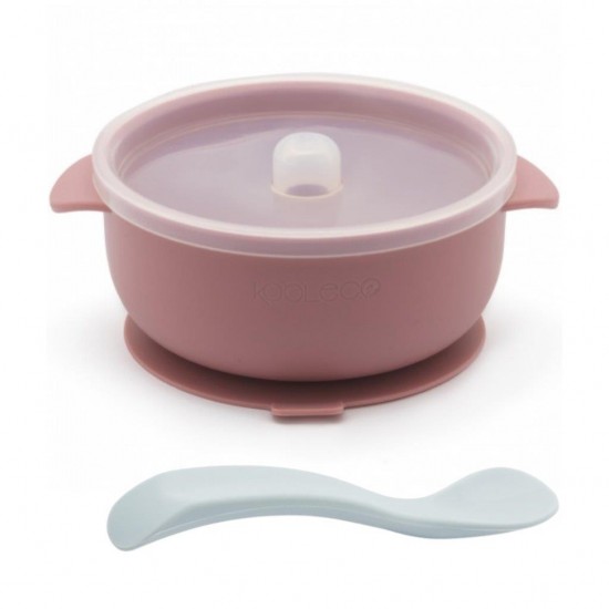 Set de masa silicon Blush - bol cu capac, ventuza si lingurita 